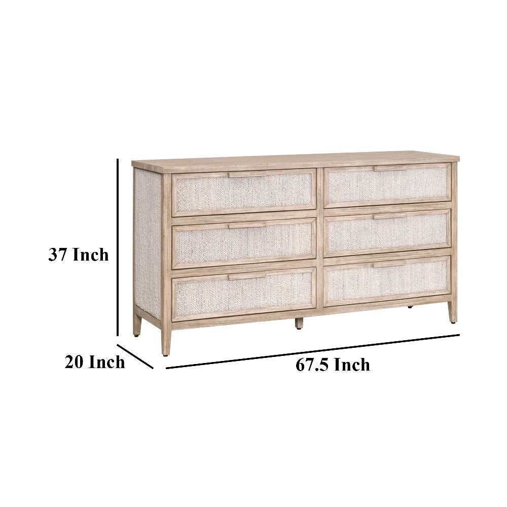 Wide Dresser 6 Drawer Design Gray Brown Solid Mahogany Wood 68 Inch BM327452