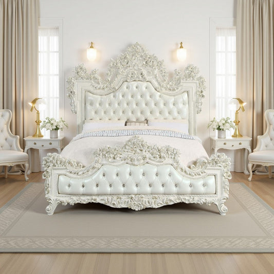 Rox King Size Bed, White Faux Leather Victorian Carved, Vintage White