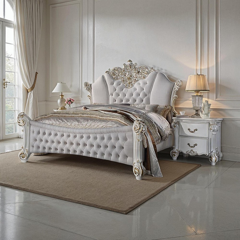 Antoine California King Bed White Ivory Faux Leather Victorian Carved