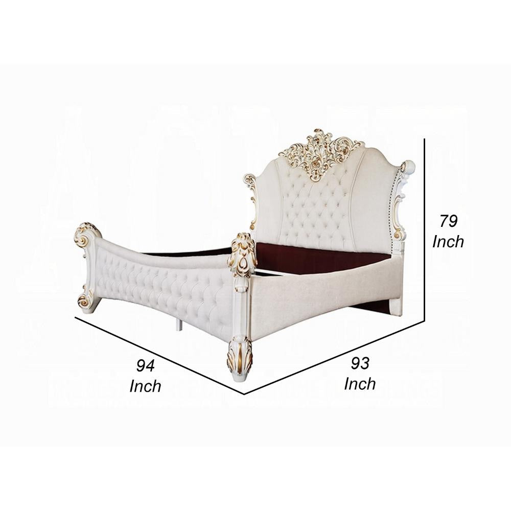 Antoine King Size Bed Ivory Faux Leather Victorian Carved Pearl White