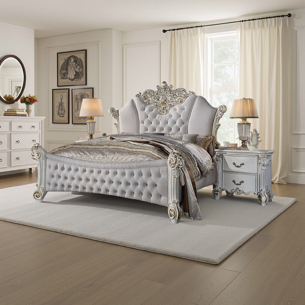 Antoine King Size Bed Ivory Faux Leather Victorian Carved Pearl White