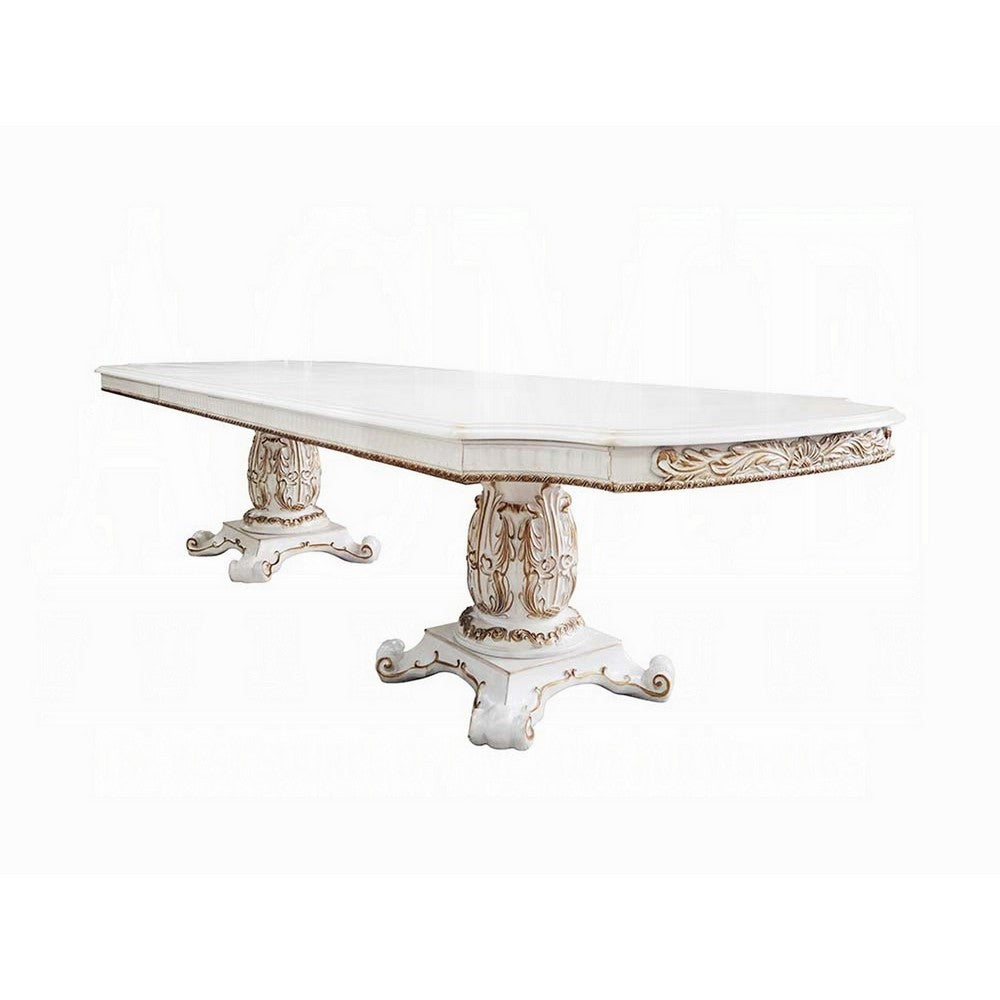 Antoine Dining Table, Carved Double Pedestal, 94-136 Inch, Pearl White