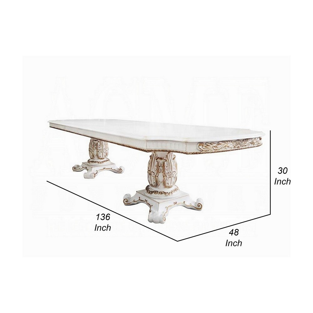 Antoine Dining Table, Carved Double Pedestal, 94-136 Inch, Pearl White
