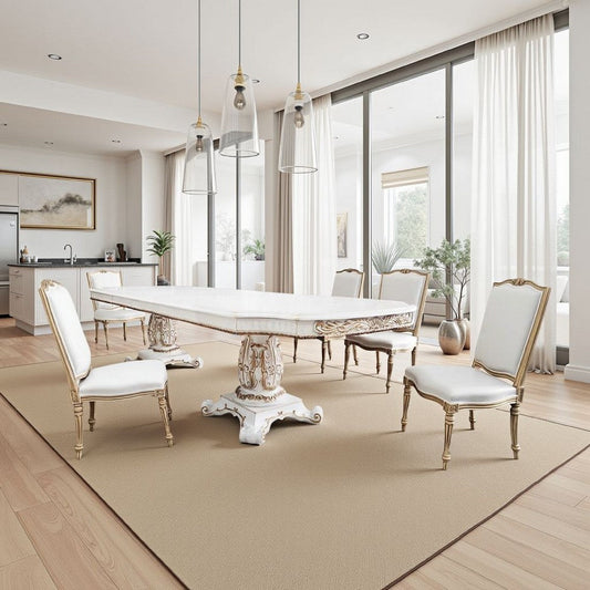 Antoine Dining Table, Carved Double Pedestal, 94-136 Inch, Pearl White