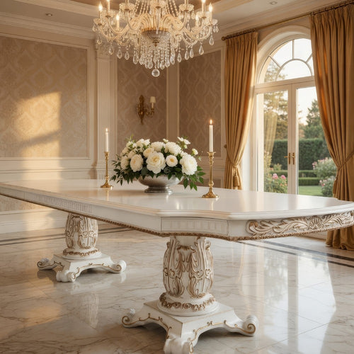Antoine Dining Table, Double Pedestal, 84-120 Inch Antique Pearl White