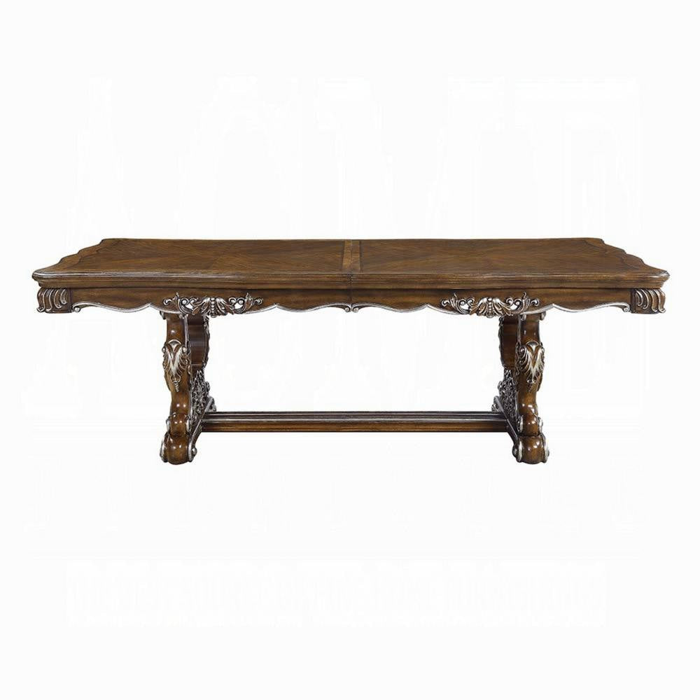 Maver Dining Table Carved Silver Trim 90-114 Inch Classic Antique Oak BM327548
