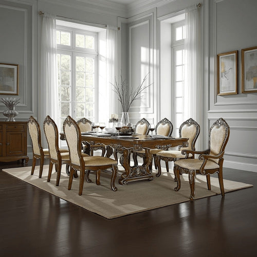 Maver Dining Table, Carved Silver Trim 90-114 Inch Classic Antique Oak