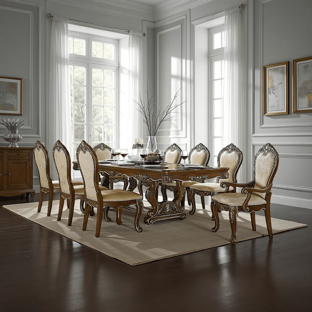 Maver Dining Table, Carved Silver Trim 90-114 Inch Classic Antique Oak