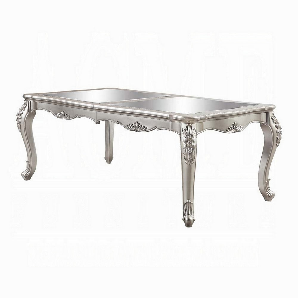Bowe Dining Table, 80-96 Inch, Mirrored, Classic Champagne Silver Wood
