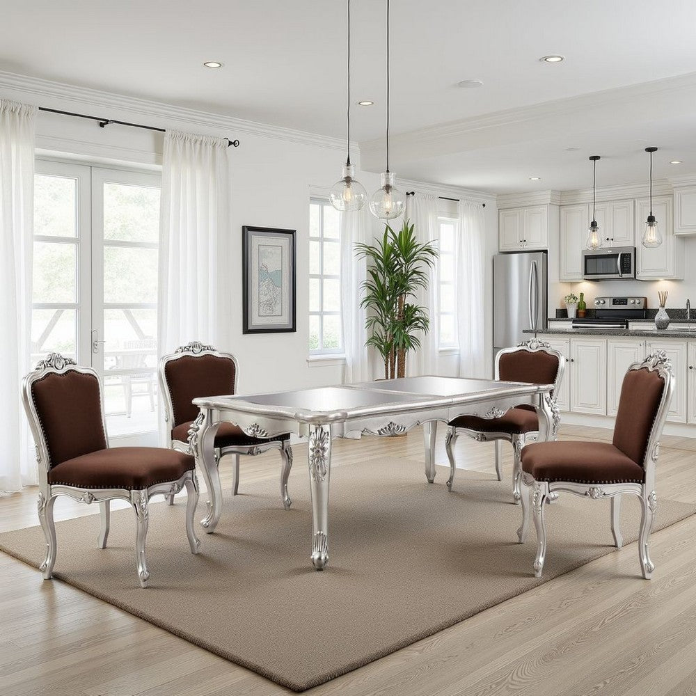 Bowe Dining Table, 80-96 Inch, Mirrored, Classic Champagne Silver Wood