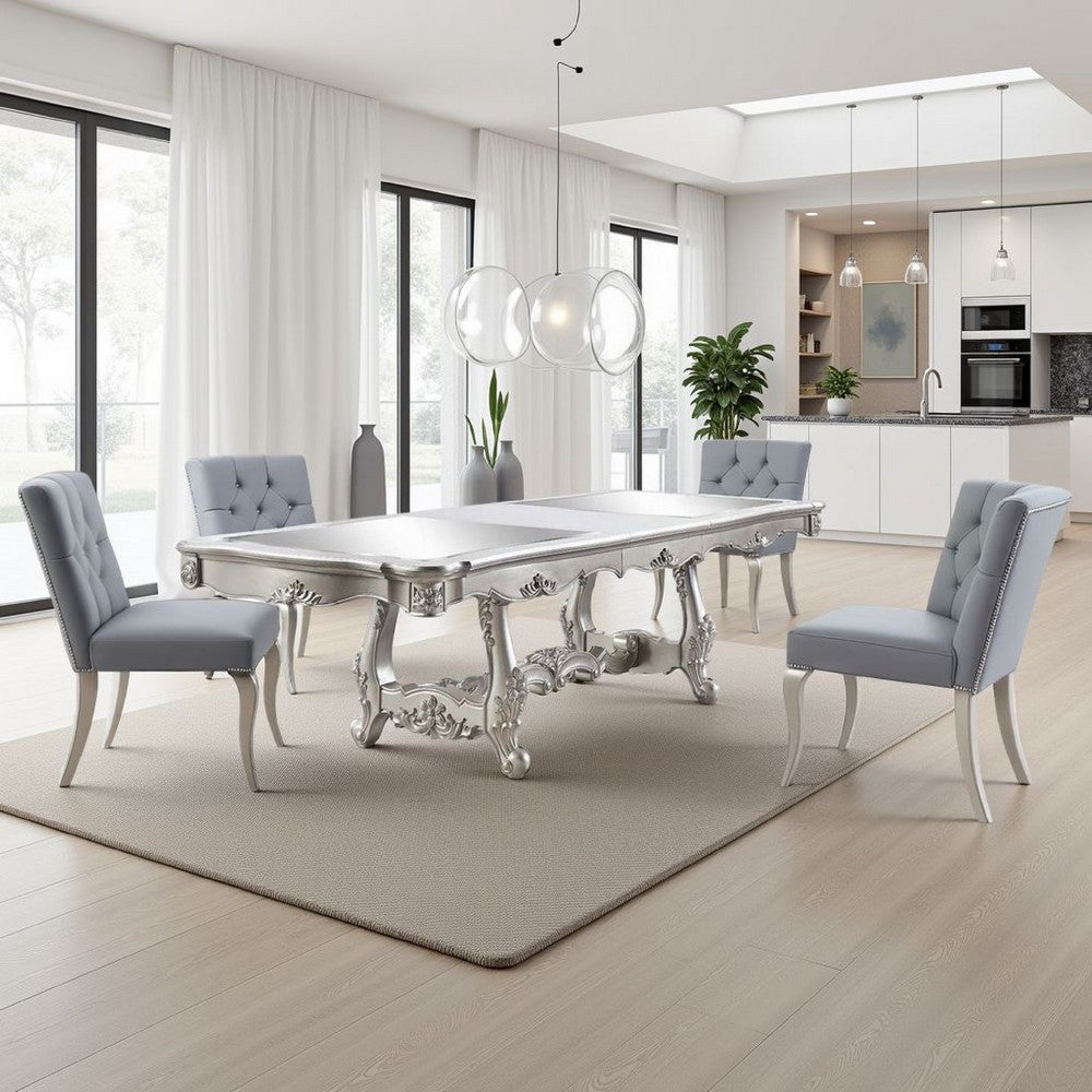 Bowe Dining Table, 90-114 Inch Mirrored Top, Champagne Silver Wood