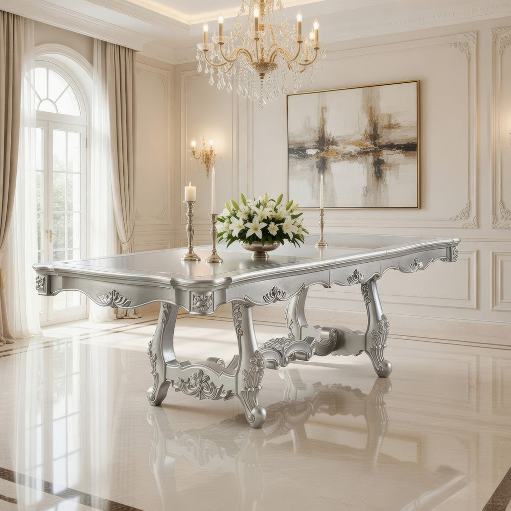 Bowe Dining Table, 90-114 Inch Mirrored Top, Champagne Silver Wood