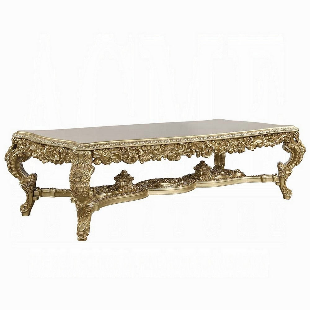 Rexx Dining Table, Classic Carved Gold Wood, 111 Inch Rectangular Top