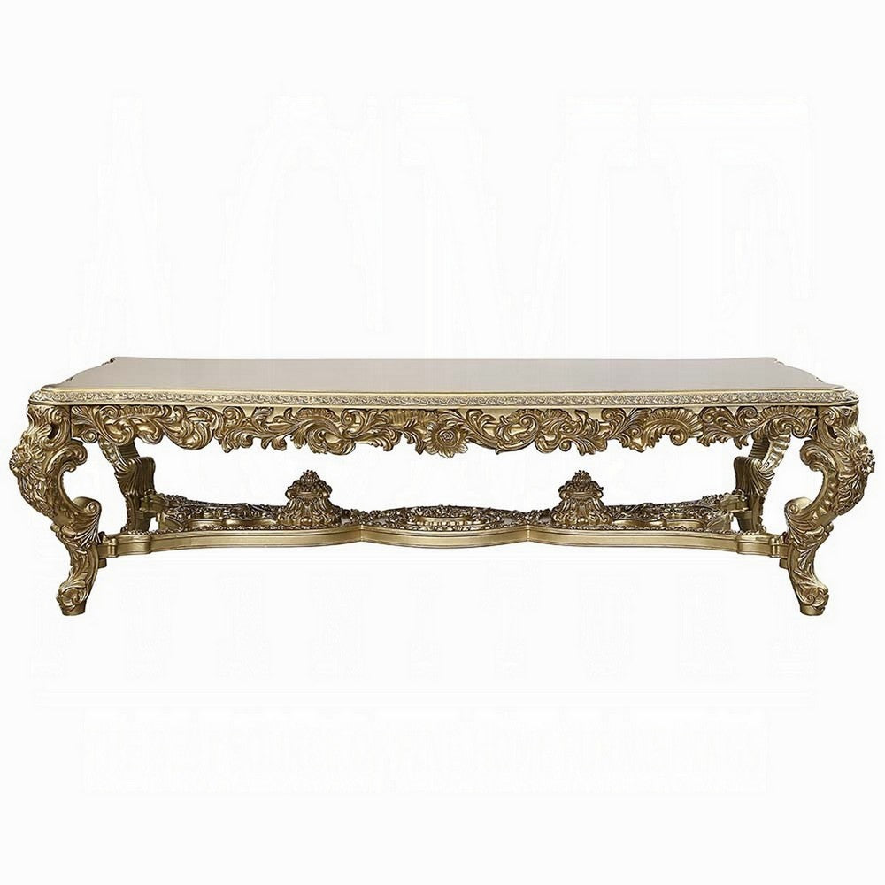 Rexx Dining Table, Classic Carved Gold Wood, 111 Inch Rectangular Top