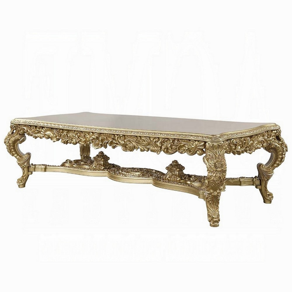 Rexx Dining Table, Classic Carved Gold Wood, 111 Inch Rectangular Top