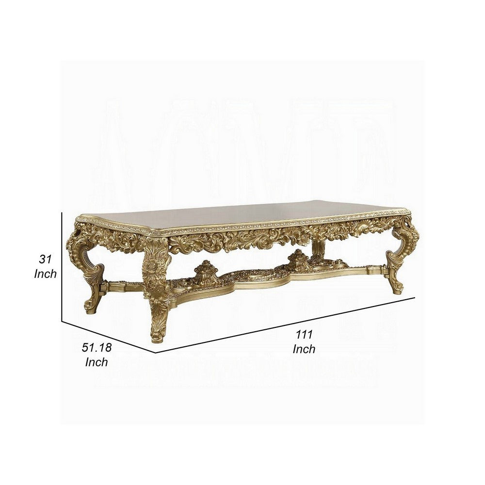 Rexx Dining Table, Classic Carved Gold Wood, 111 Inch Rectangular Top
