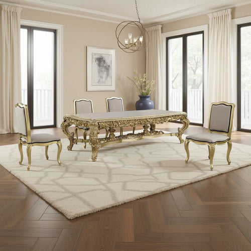 Rexx Dining Table, Classic Carved Gold Wood, 111 Inch Rectangular Top