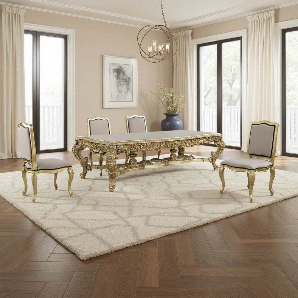 Rexx Dining Table, Classic Carved Gold Wood, 111 Inch Rectangular Top