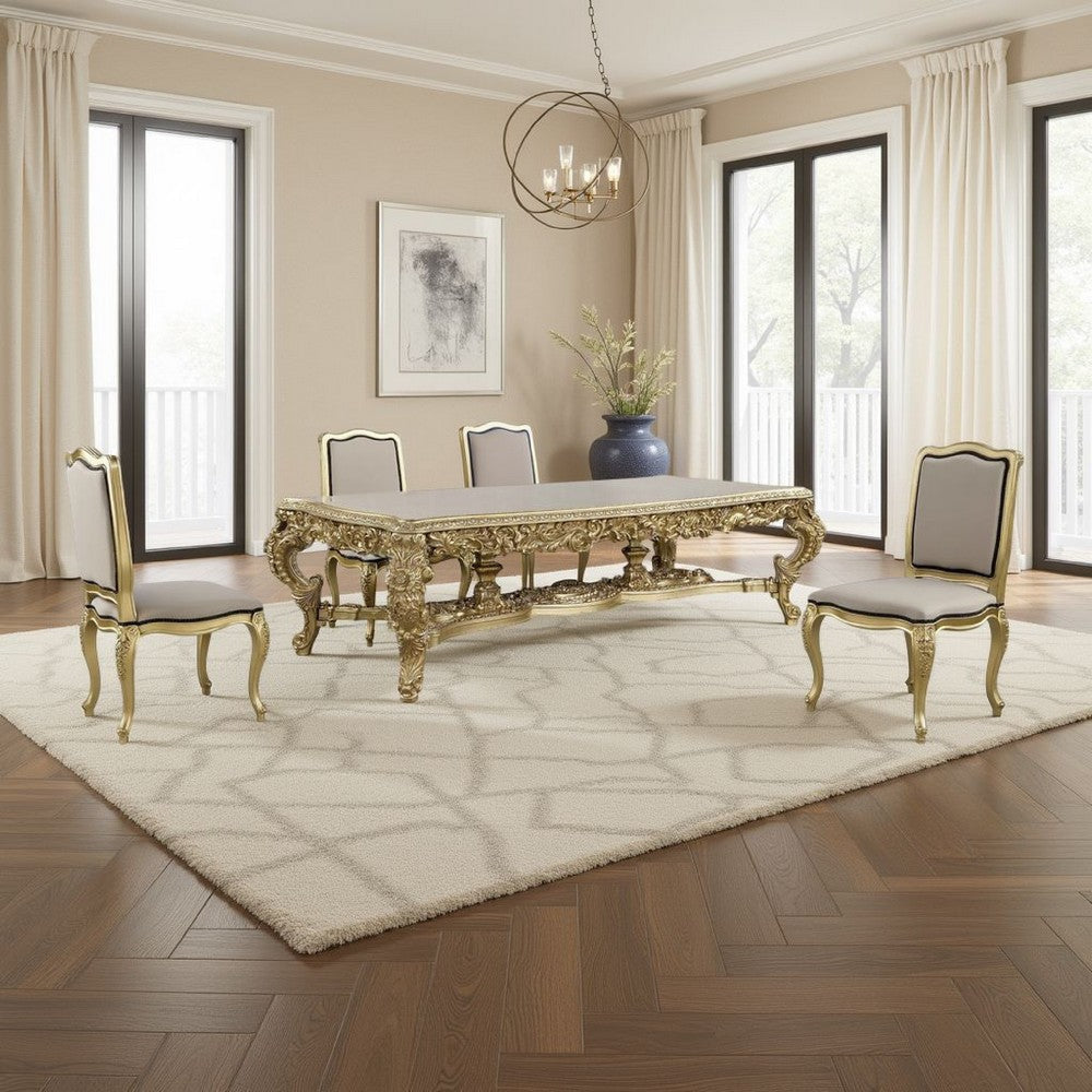 Rexx Dining Table, Classic Carved Gold Wood, 111 Inch Rectangular Top