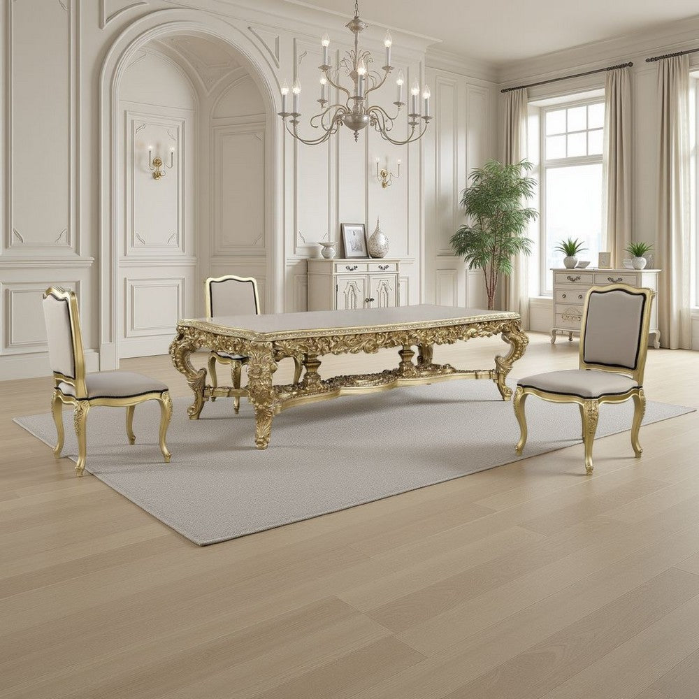 Rexx Dining Table, Classic Carved Gold Wood, 111 Inch Rectangular Top