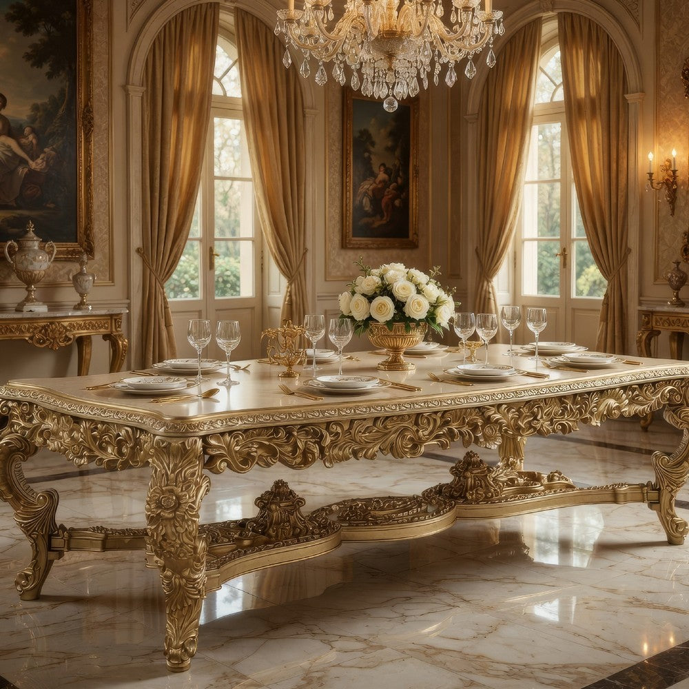 Rexx Dining Table, Classic Carved Gold Wood, 111 Inch Rectangular Top