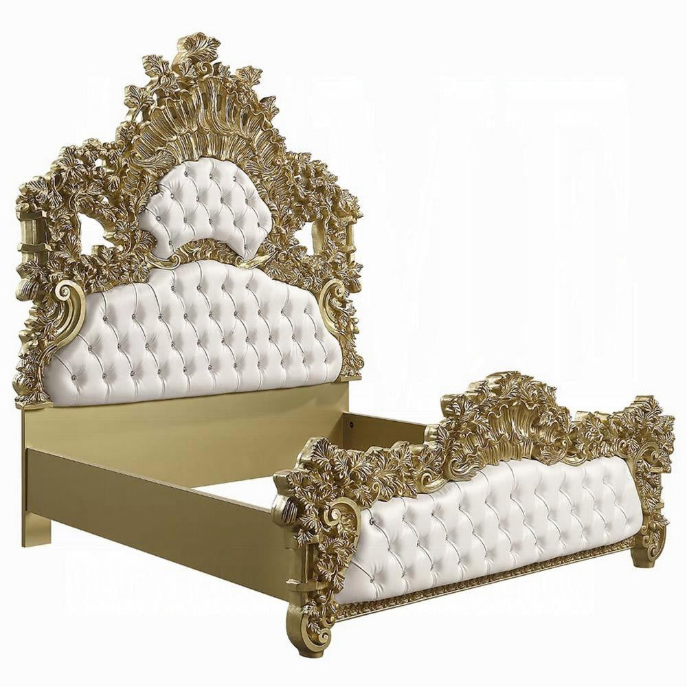 Rexx King Bed, White Faux Leather Victorian Carved, Classic Gold Wood
