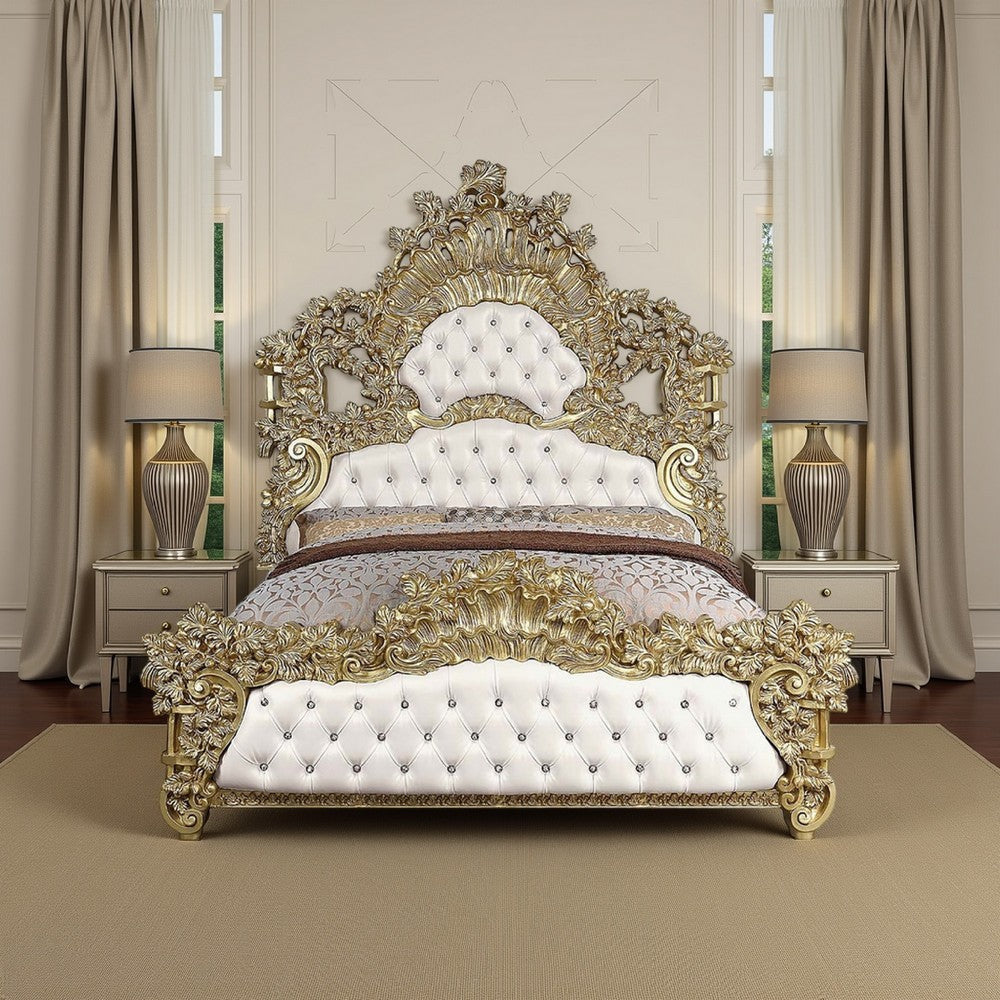 Rexx King Bed White Faux Leather Victorian Carved Classic Gold Wood BM327552