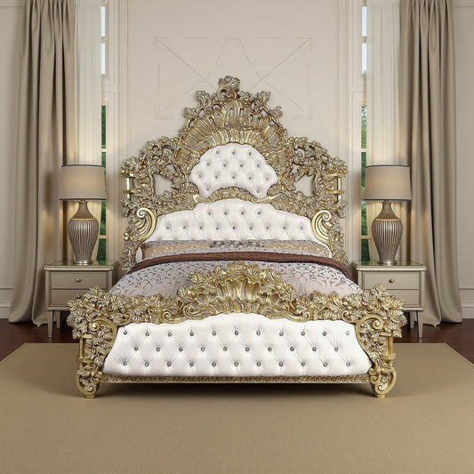 Rexx King Bed, White Faux Leather Victorian Carved, Classic Gold Wood