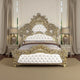 Rexx King Bed, White Faux Leather Victorian Carved, Classic Gold Wood