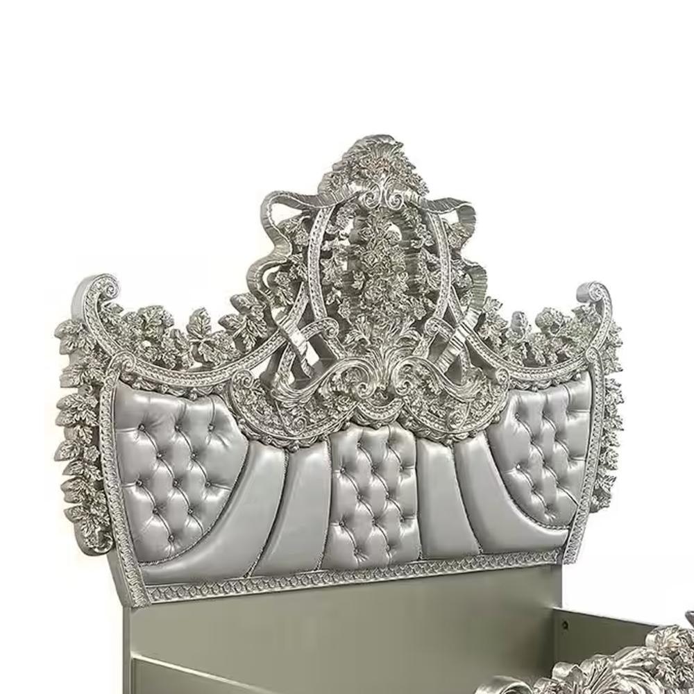 Dove King Bed Beige Faux Leather Victorian Carved Champagne Gold BM327553