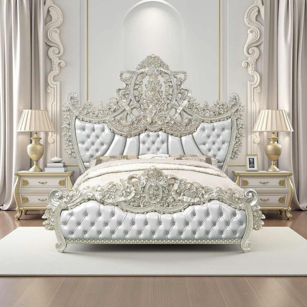 Dove King Bed Beige Faux Leather Victorian Carved Champagne Gold BM327553