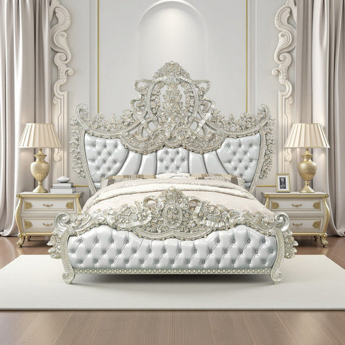 Dove King Bed, Beige Faux Leather Victorian Carved, Champagne Gold