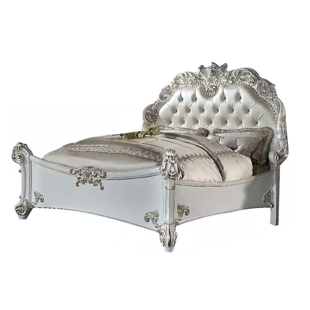 Antoine California King Bed Pearl White Faux Leather Victorian Carved