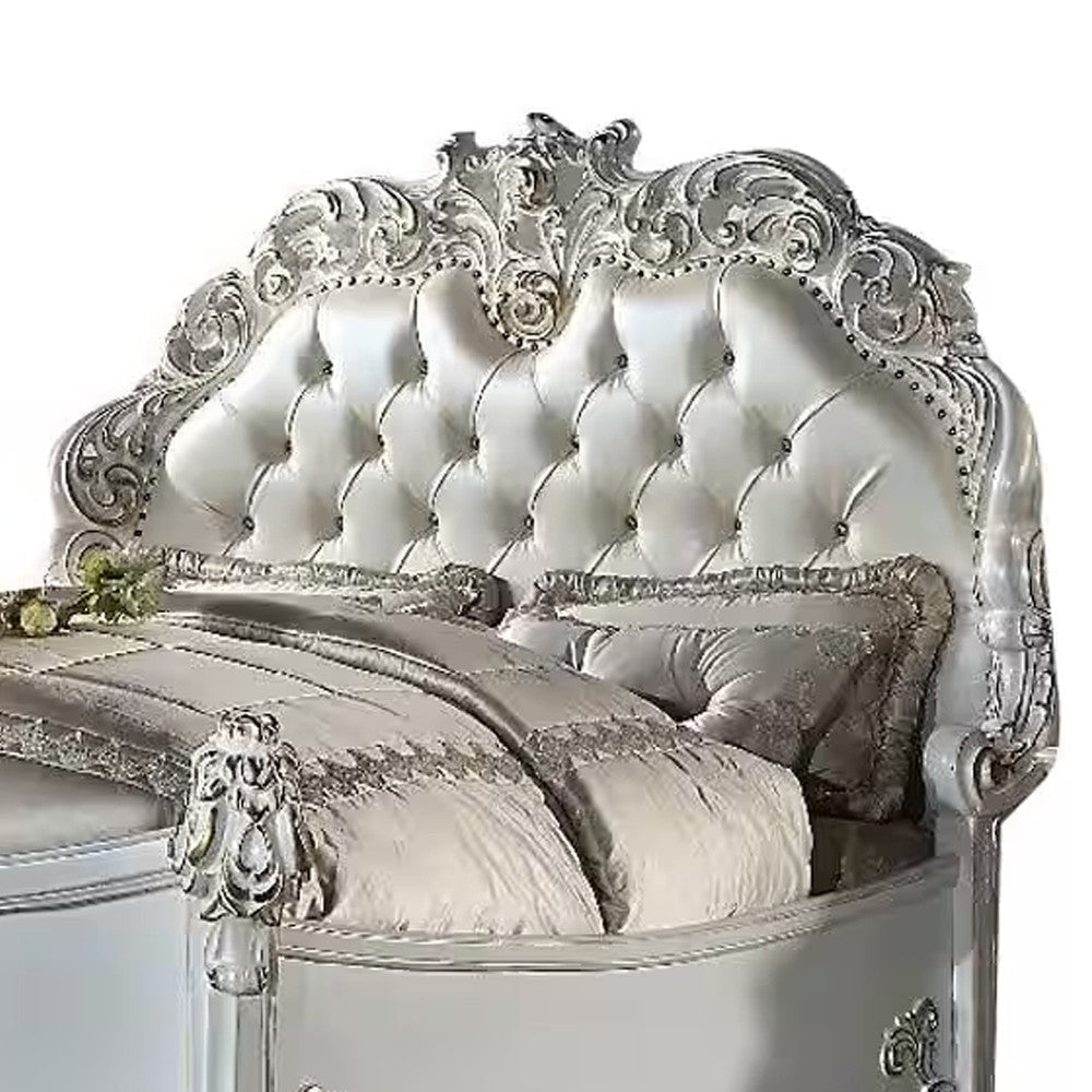 Antoine California King Bed Pearl White Faux Leather Victorian Carved