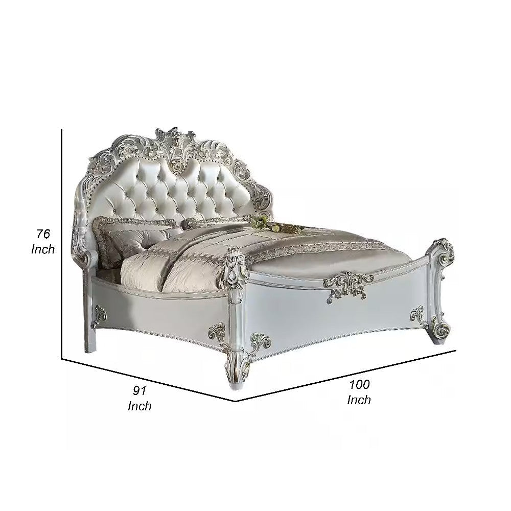 Antoine California King Bed Pearl White Faux Leather Victorian Carved