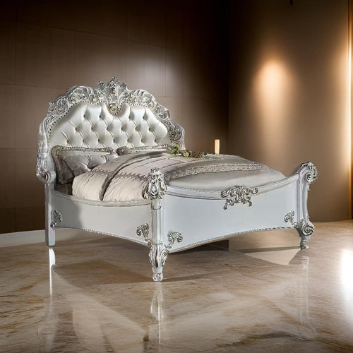 Antoine California King Bed, Pearl White Faux Leather Victorian Carved