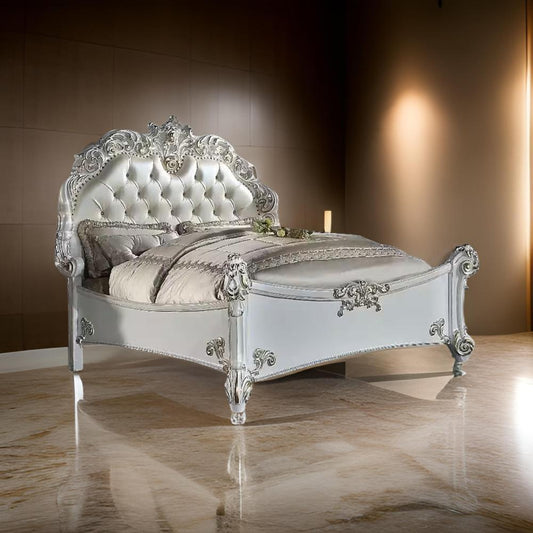 Antoine California King Bed, Pearl White Faux Leather Victorian Carved