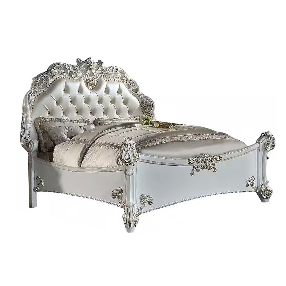Antoine King Bed Classical Style White Faux Leather Victorian Carved