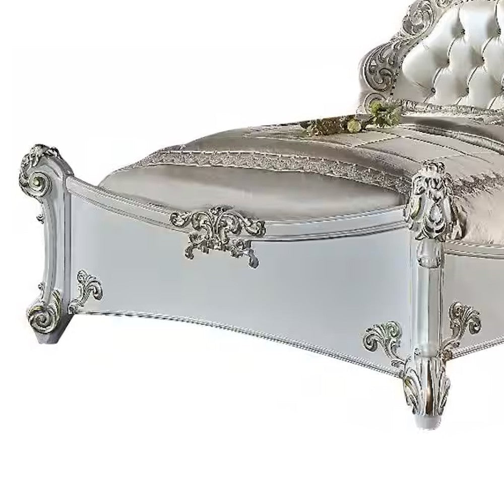 Antoine King Bed Classical Style White Faux Leather Victorian Carved