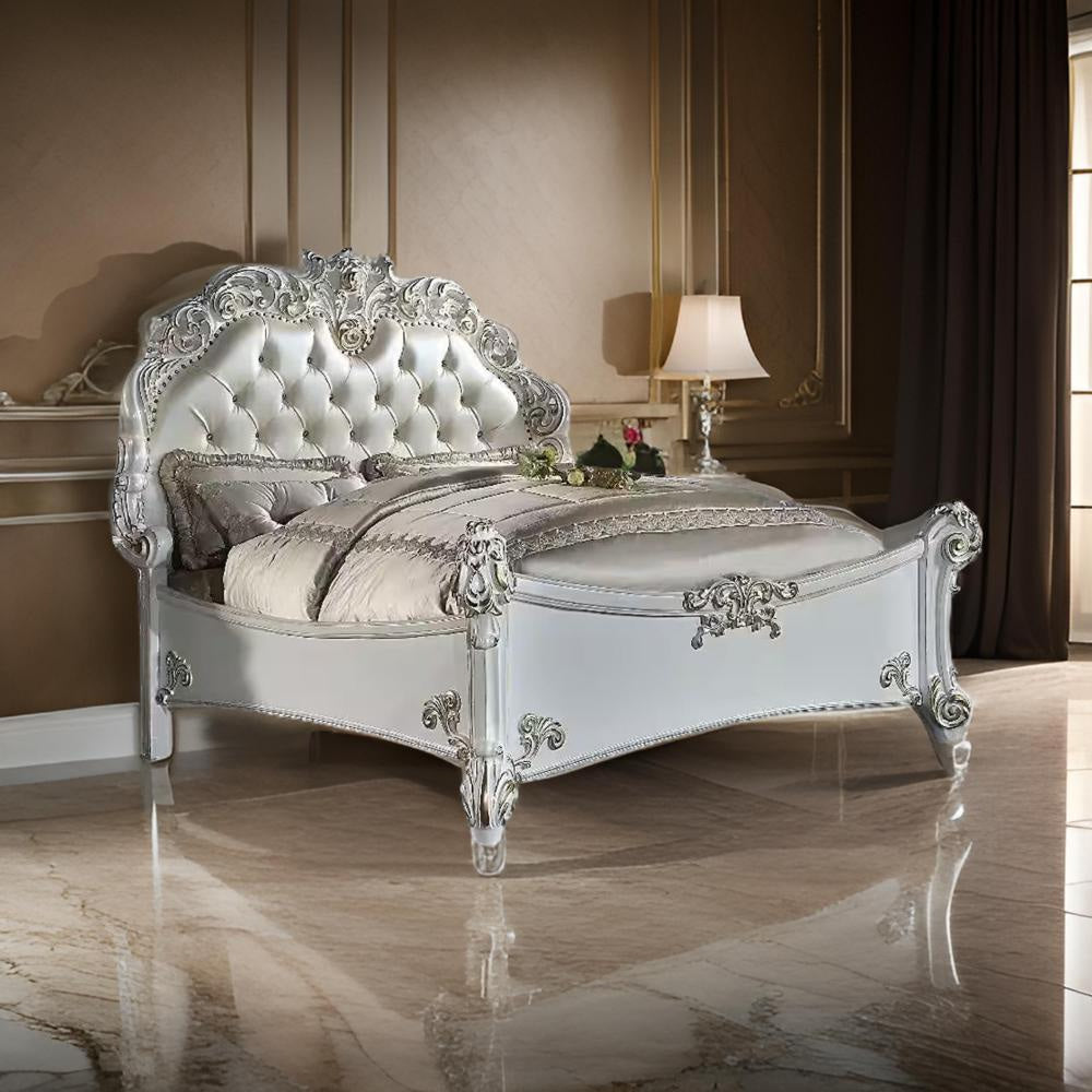 Antoine King Bed, Classical Style, White Faux Leather Victorian Carved