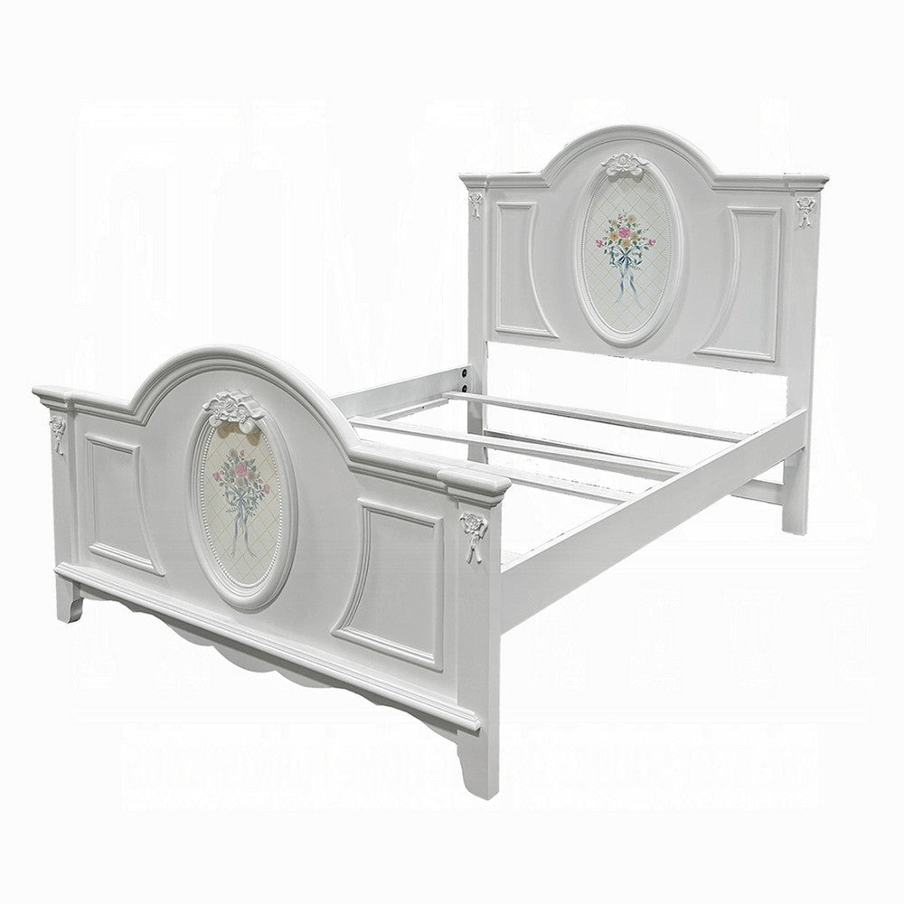 Auri Full Size Bed Floral Motifs Arched Headboard Classic White Wood