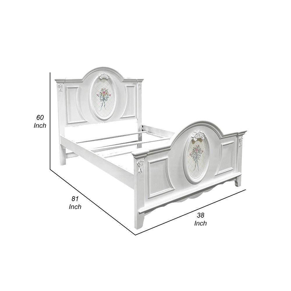 Auri Full Size Bed Floral Motifs Arched Headboard Classic White Wood