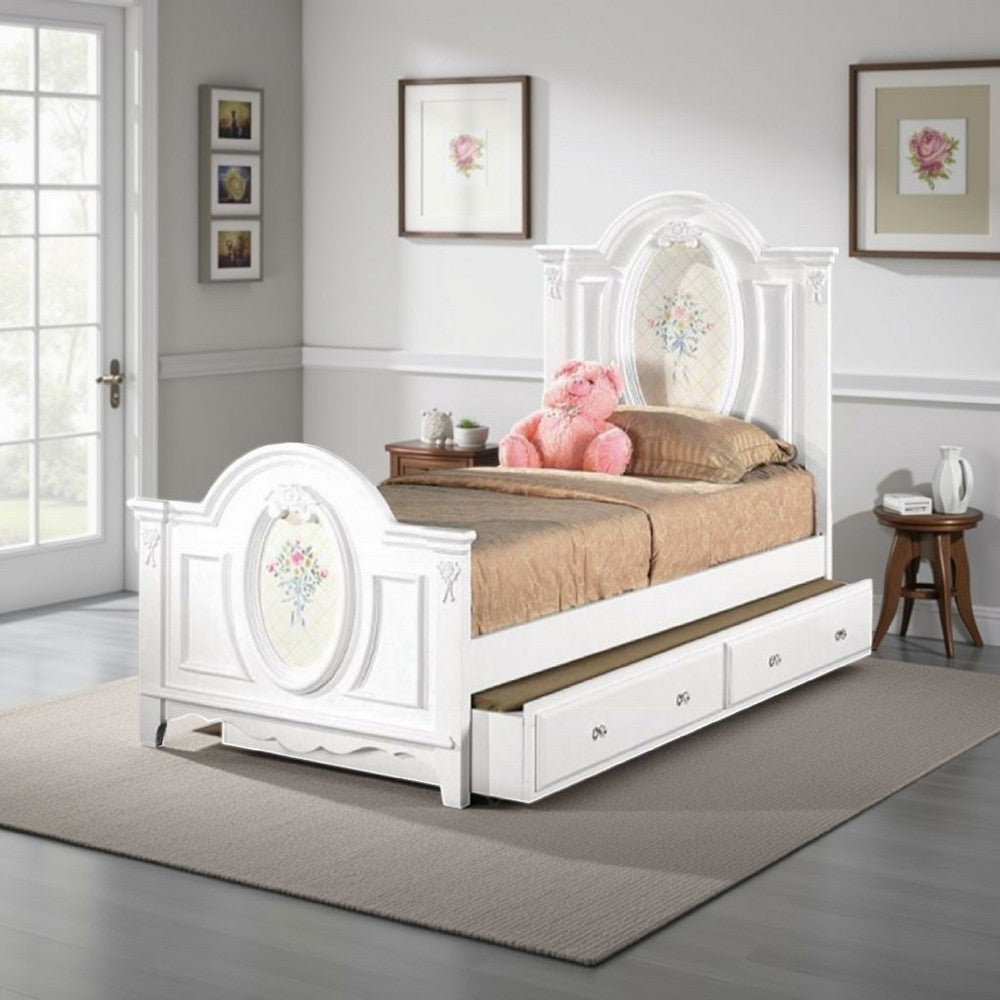 Auri Full Size Bed, Floral Motifs Arched Headboard, Classic White Wood
