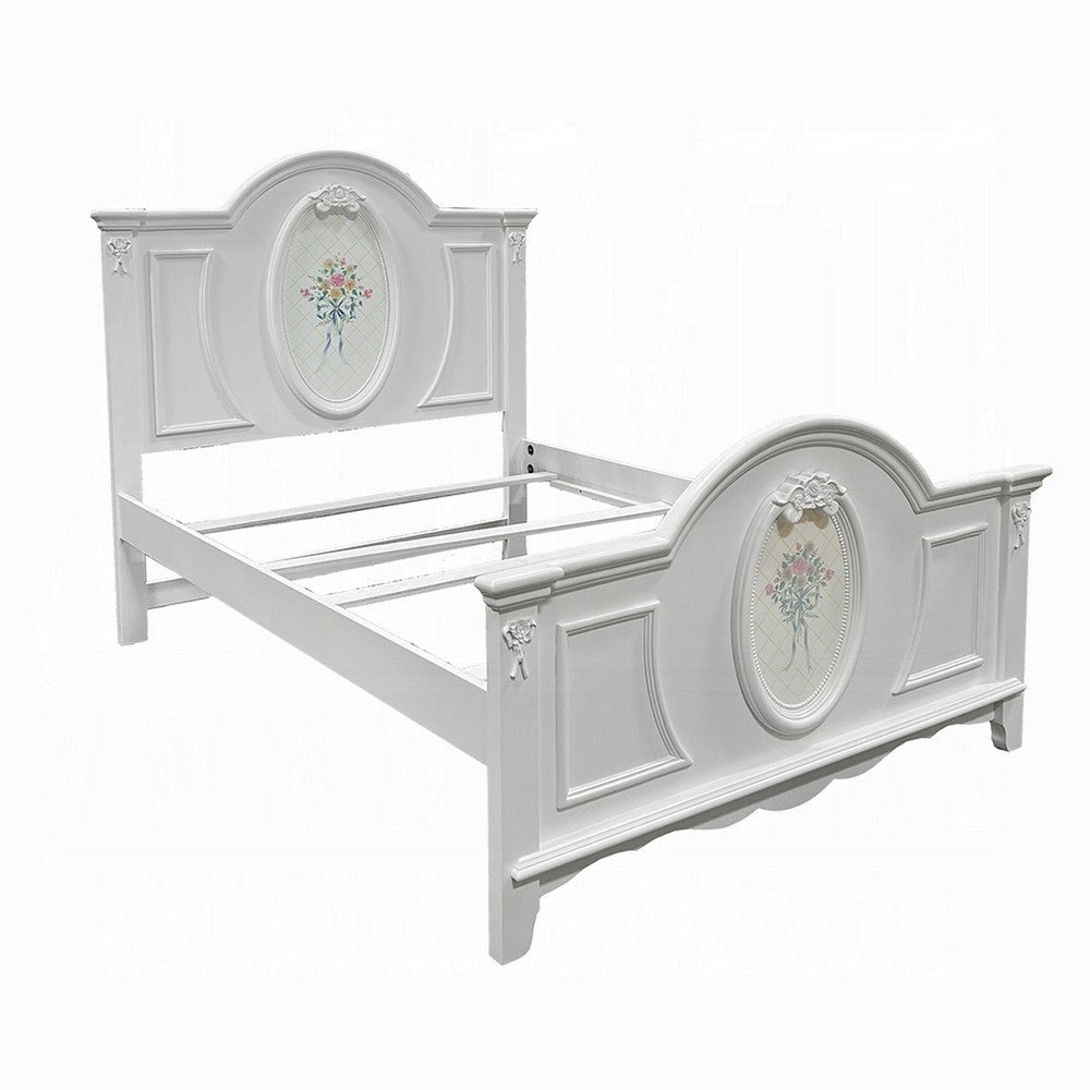 Auri Twin Size Bed, Floral Motifs Arched Headboard, Classic White Wood