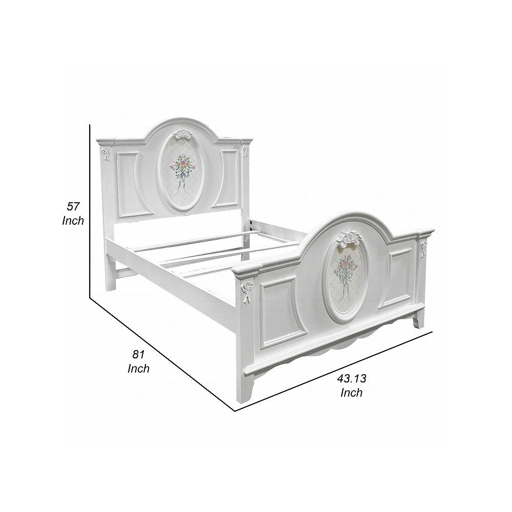 Auri Twin Size Bed Floral Motifs Arched Headboard Classic White Wood