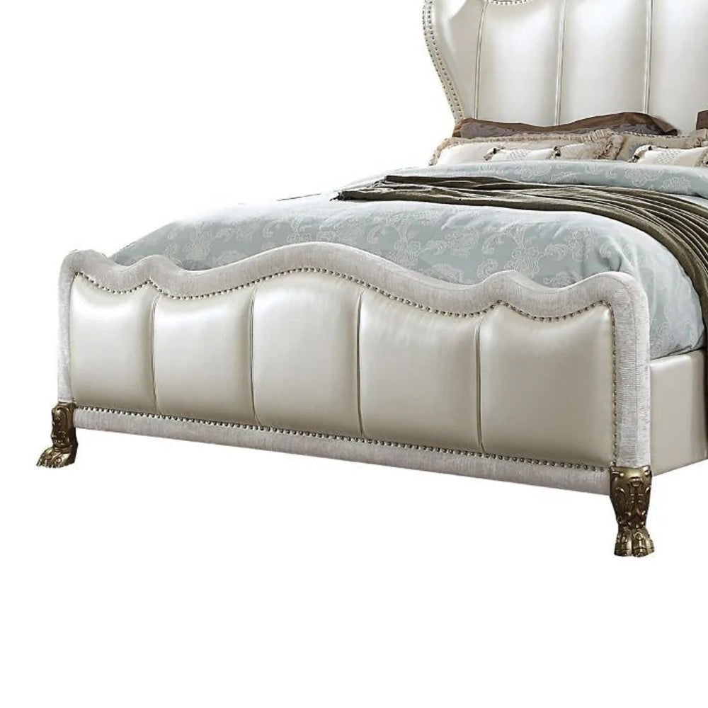 Ally California King Bed White Faux Leather Victorian Carved Silver BM327562