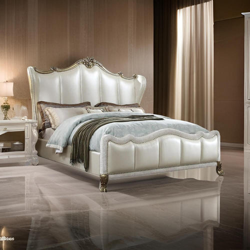 Ally California King Bed, White Faux Leather Victorian Carved, Silver