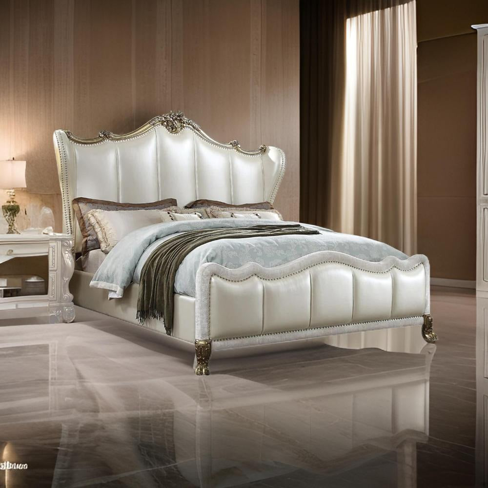 Ally California King Bed, White Faux Leather Victorian Carved, Silver