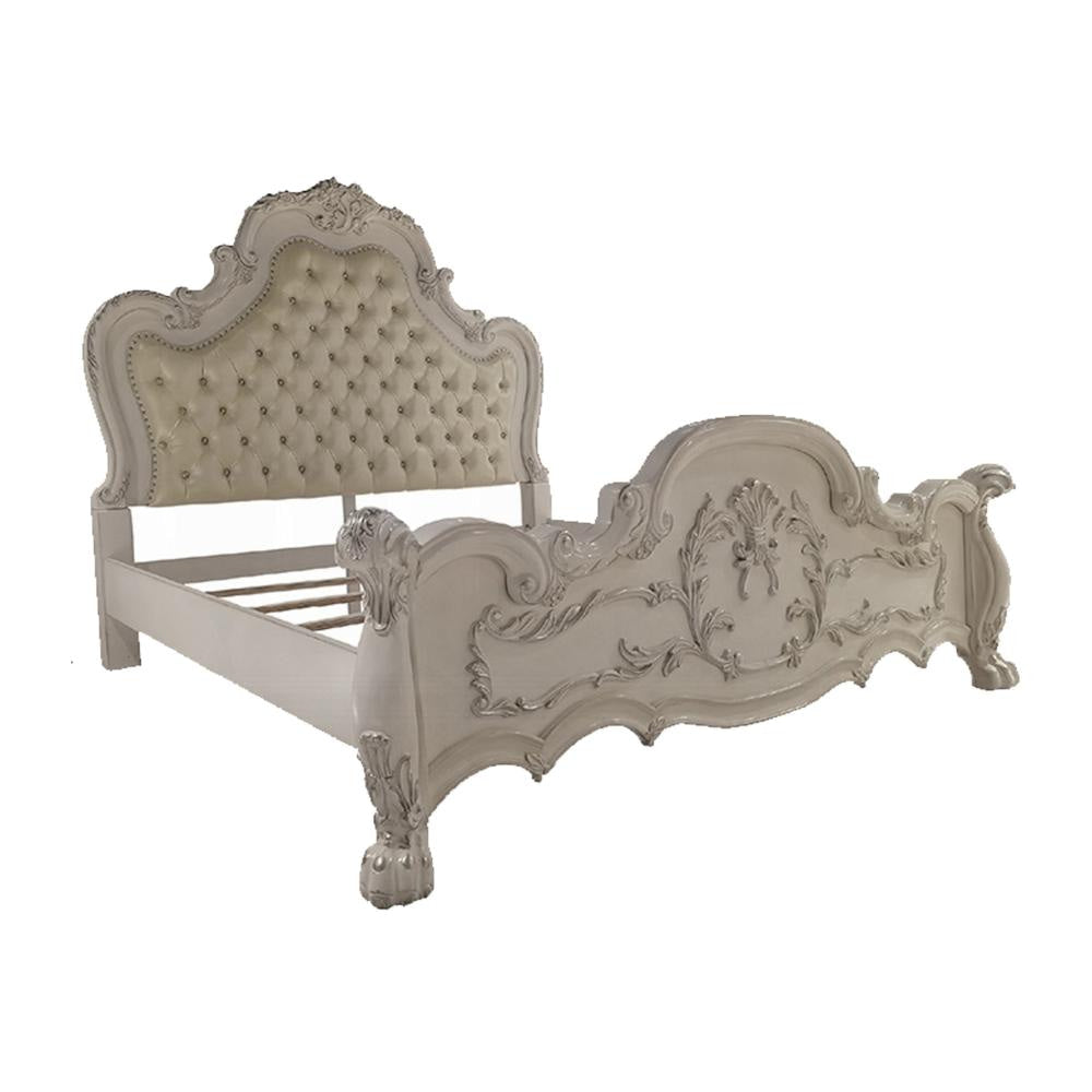 Ally California King Size Bed, White Faux Leather Victorian Carved