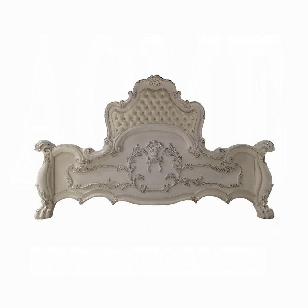 Ally California King Size Bed White Faux Leather Victorian Carved